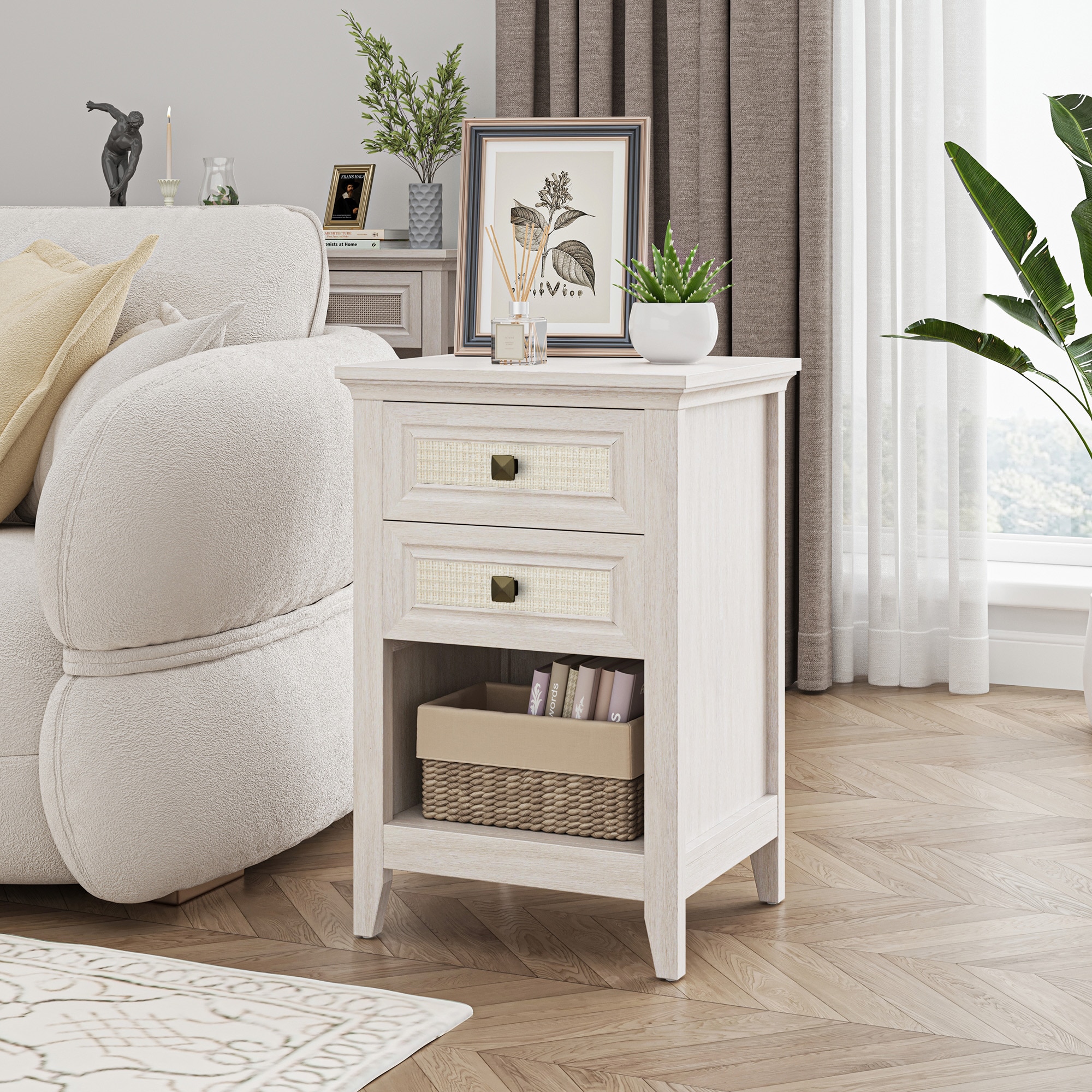 Grayish White Rattan Nightstand With Drawer, Boho 27" Tall Bedside Table With Storage For Small Spaces, Wood Accent End Table For Living Room Bedroom Furniture, Couch Coffee Table_voghion.com